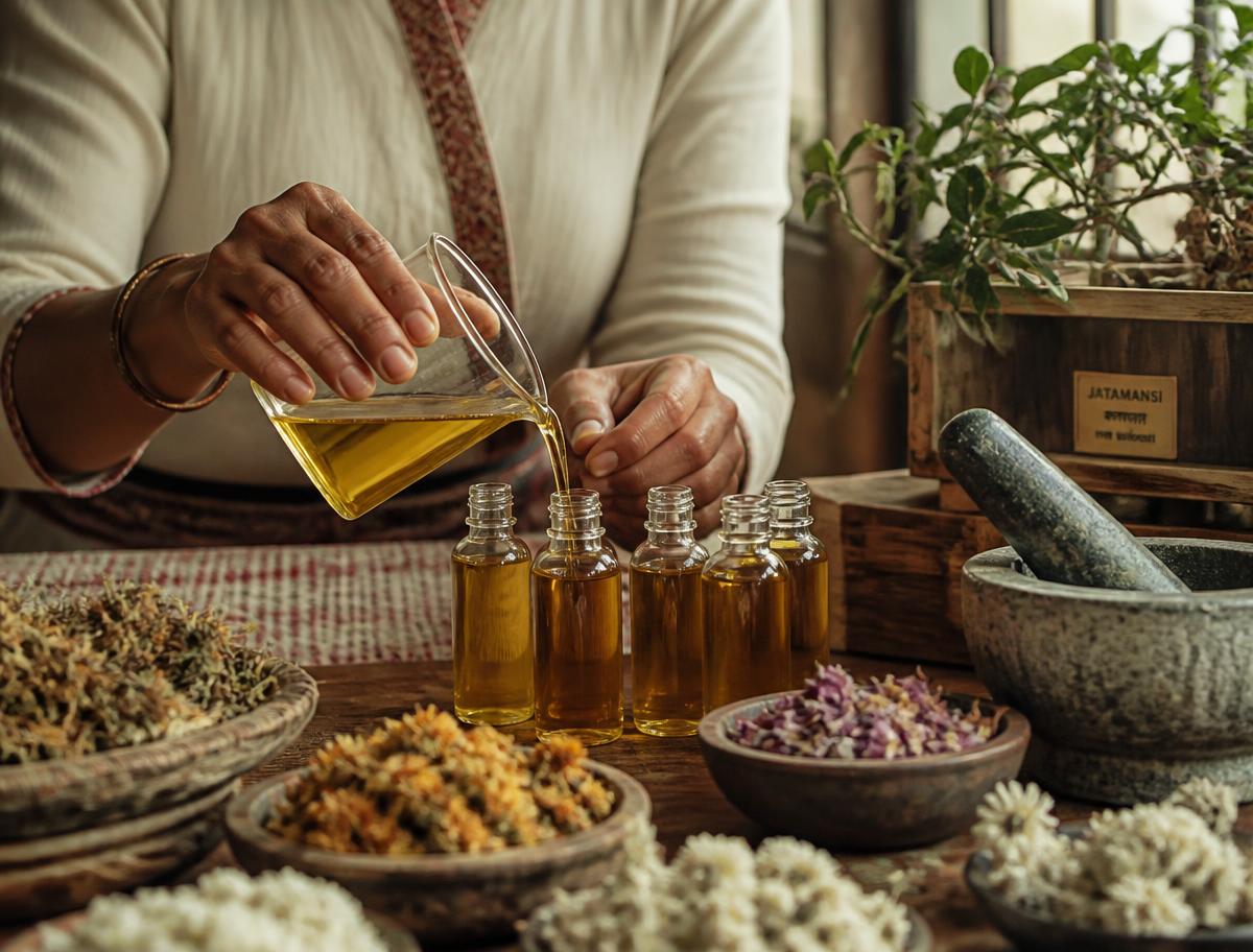 Founder pouring herbal oil into small bottles beside bowls of dried Himalayan herbs